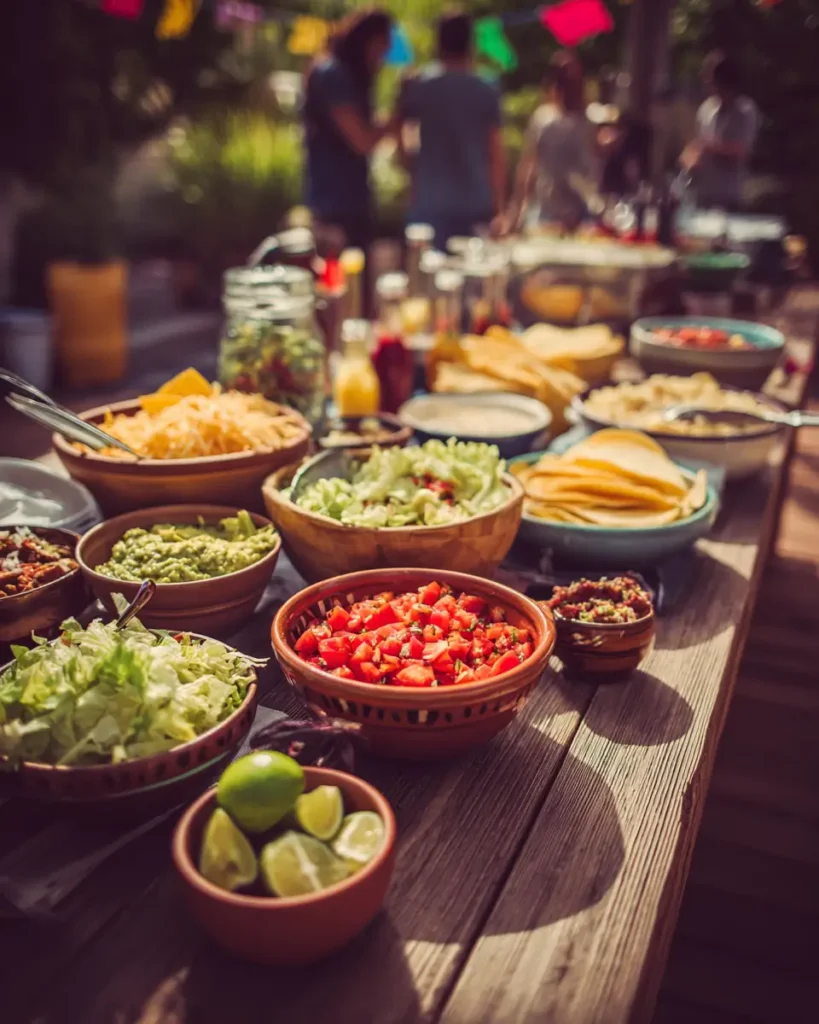 cinco de mayo taco bar with tortillas toppings and colorful party setup