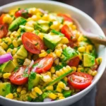 Fresh corn salad with avocado, cherry tomatoes, and herbs in a serving bowl