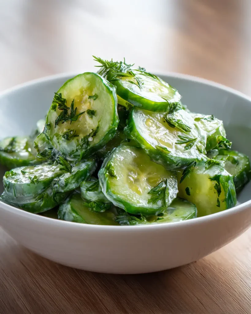 cucumber summer salads with fresh herbs and light dressing in a bowl