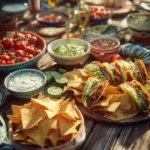 easy cinco de mayo party food with tacos chips dips and colorful setup