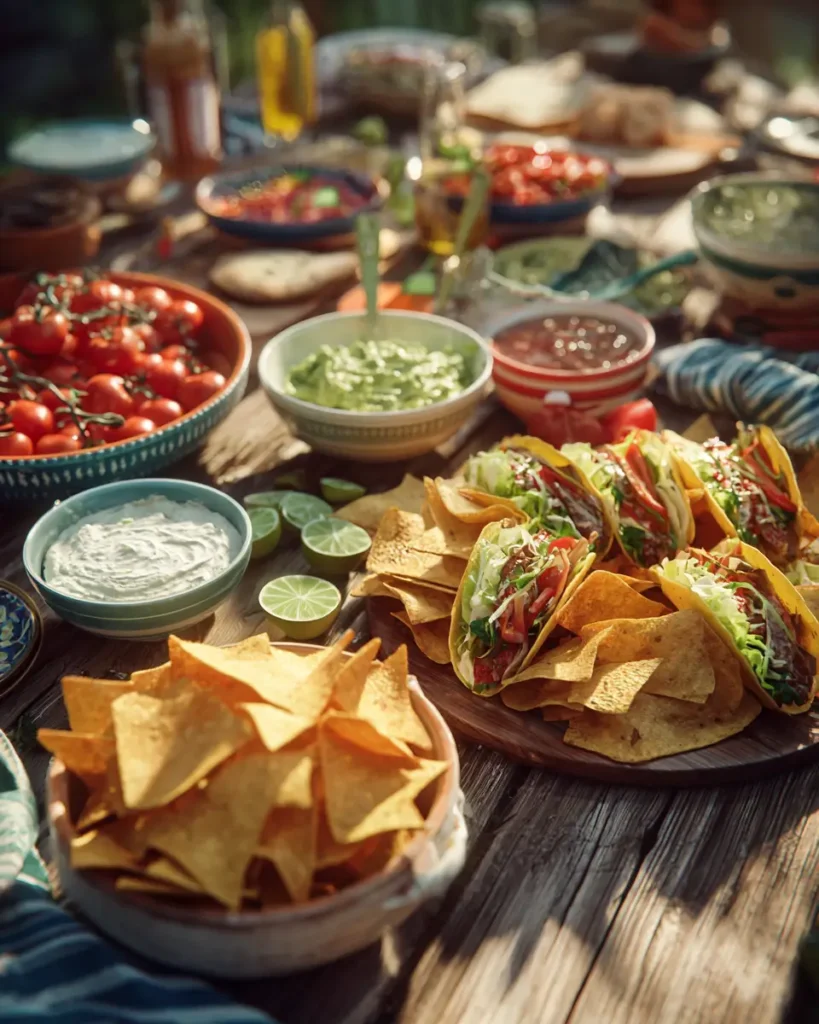 easy cinco de mayo party food with tacos chips dips and colorful setup
