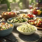 easy cookout side dishes with pasta salad fruit and fresh vegetables on table