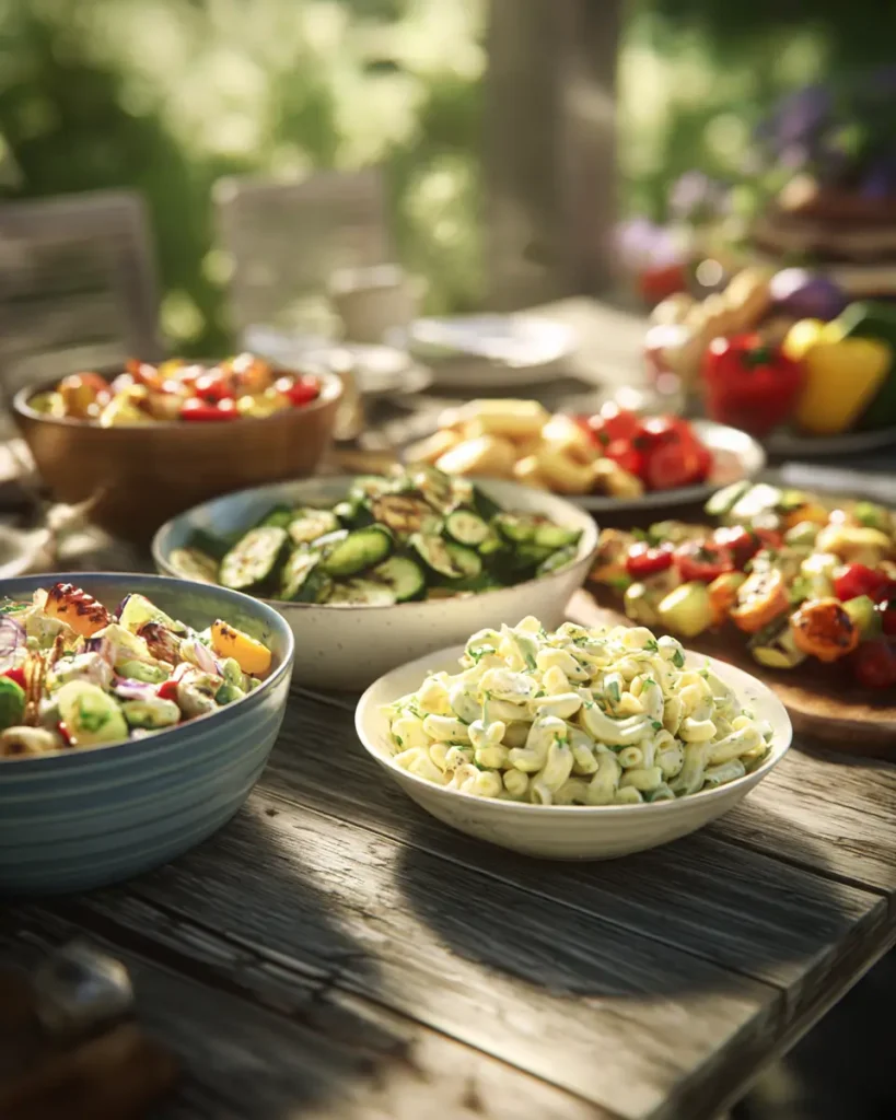 easy cookout side dishes with pasta salad fruit and fresh vegetables on table