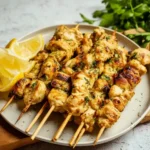 Easy Herby Lemon Skewers served with fresh lemon wedges and herbs