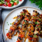 Easy Honey Garlic Chicken Skewers glazed with sauce and grilled vegetables