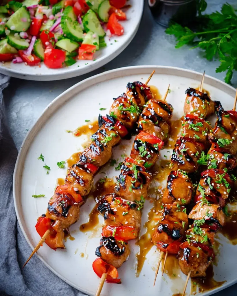 Easy Honey Garlic Chicken Skewers glazed with sauce and grilled vegetables