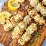 Garlic Parmesan Chicken Skewers served with lemon slices and parmesan topping