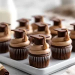 graduation cap cupcakes with chocolate squares and tassel decorations