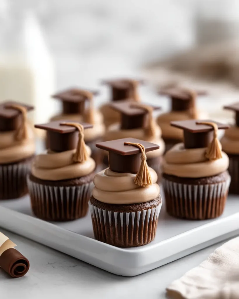 graduation cap cupcakes with chocolate squares and tassel decorations