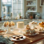 Graduation Dessert Table Ideas with cake, cupcakes, cookies, and mini desserts displayed in a modern kitchen