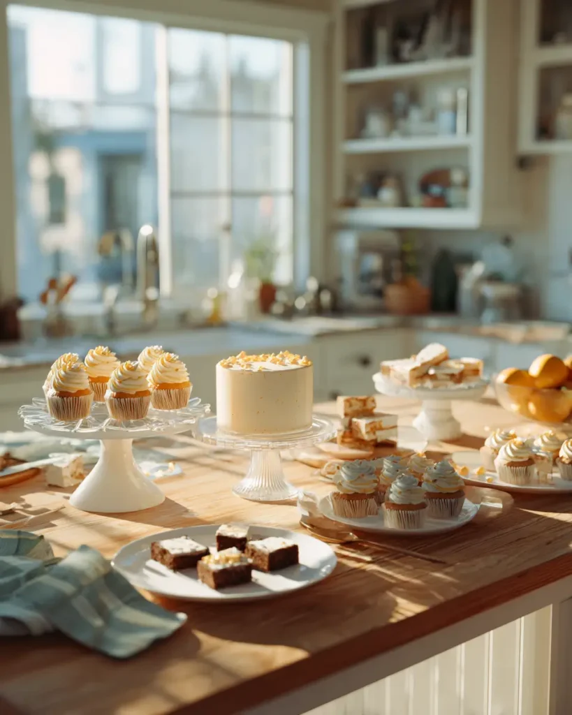 Graduation Dessert Table Ideas with cake, cupcakes, cookies, and mini desserts displayed in a modern kitchen