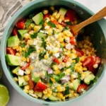 Grilled corn salad with avocado, tomatoes, cheese, and fresh herbs in a bowl