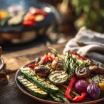 realistic grilled veggie platter with zucchini peppers asparagus on outdoor table
