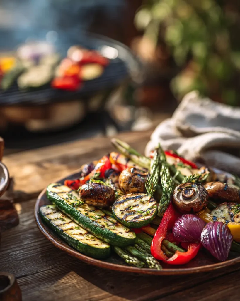 realistic grilled veggie platter with zucchini peppers asparagus on outdoor table