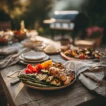 realistic grilling recipes for dinner with chicken vegetables and sides on outdoor table