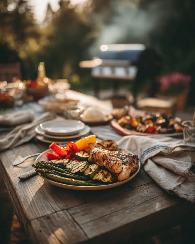 realistic grilling recipes for dinner with chicken vegetables and sides on outdoor table