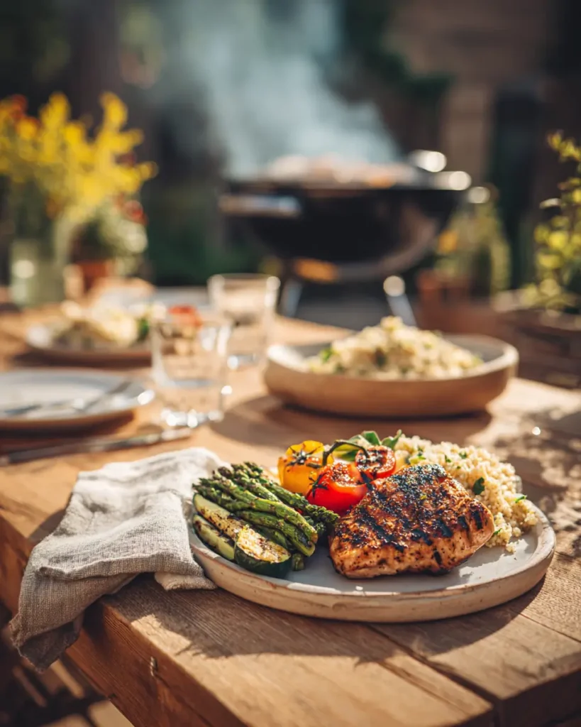 healthy grilling recipes for summer with grilled chicken vegetables and fresh sides outdoors