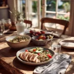 healthy summer dinner ideas with grilled chicken quinoa and fresh vegetables in kitchen