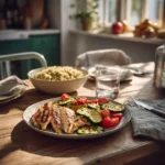 healthy summer dinner with grilled chicken quinoa and fresh vegetables in kitchen