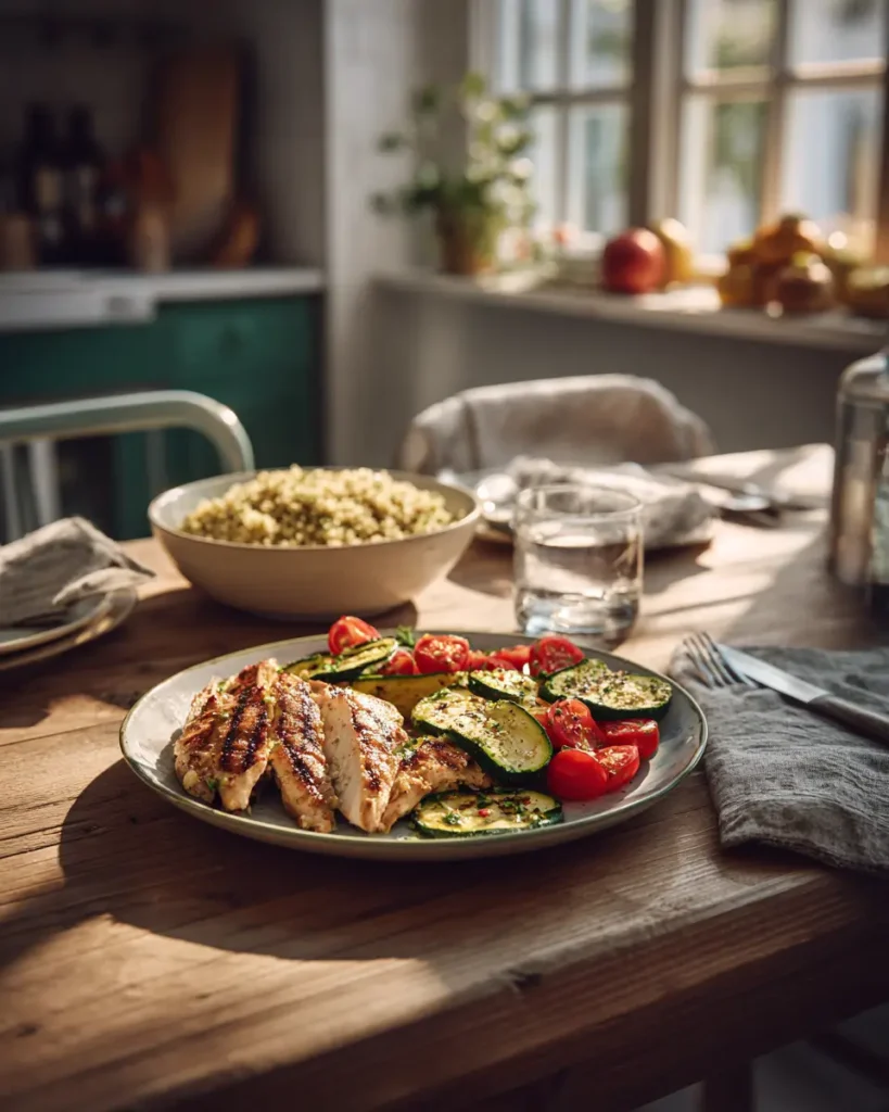 healthy summer dinner with grilled chicken quinoa and fresh vegetables in kitchen