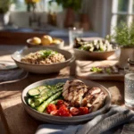 healthy summer dinners with grilled chicken quinoa and fresh vegetables in kitchen