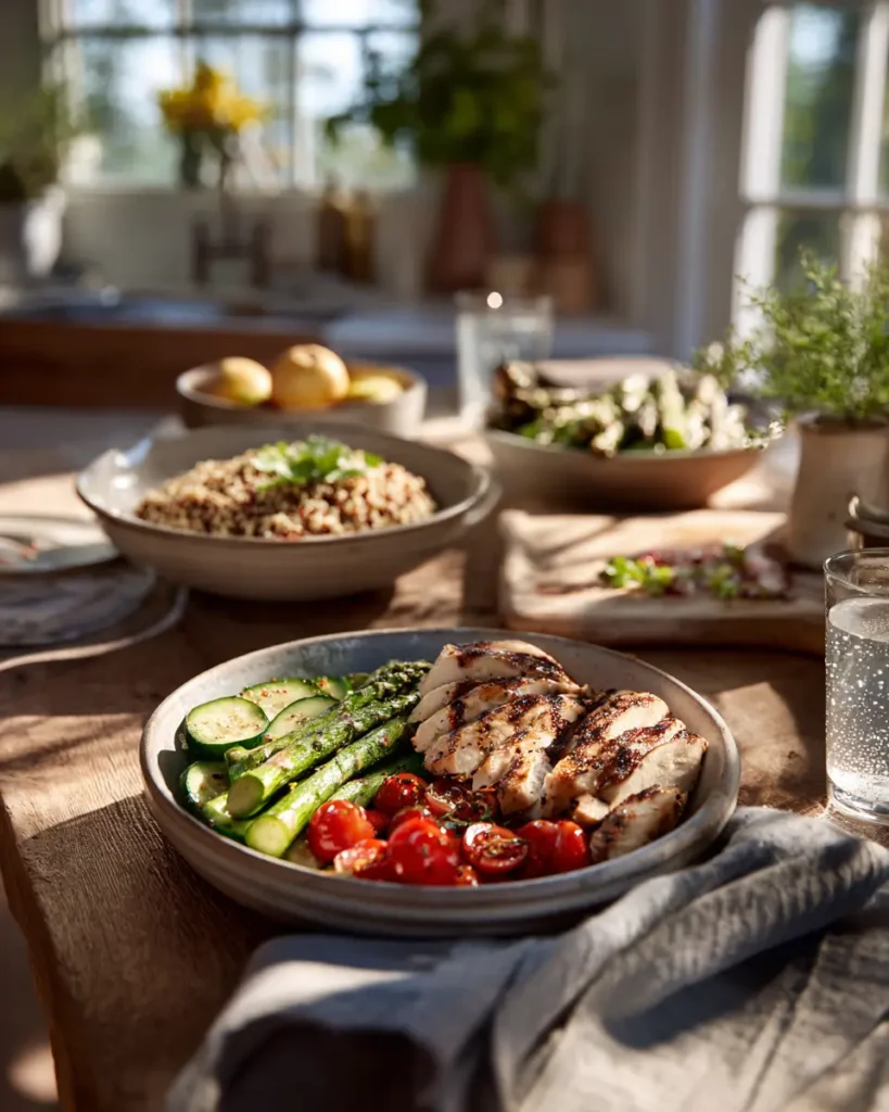 healthy summer dinners with grilled chicken quinoa and fresh vegetables in kitchen