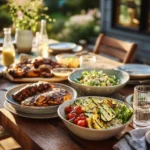 healthy summer meals for family with grilled chicken vegetables and fresh sides on outdoor table