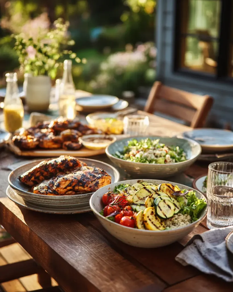 healthy summer meals for family with grilled chicken vegetables and fresh sides on outdoor table