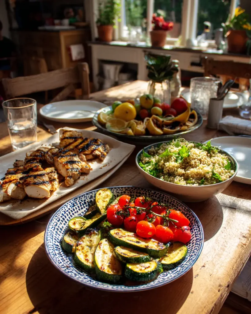 healthy summer recipes with grilled chicken quinoa and fresh vegetables in kitchen