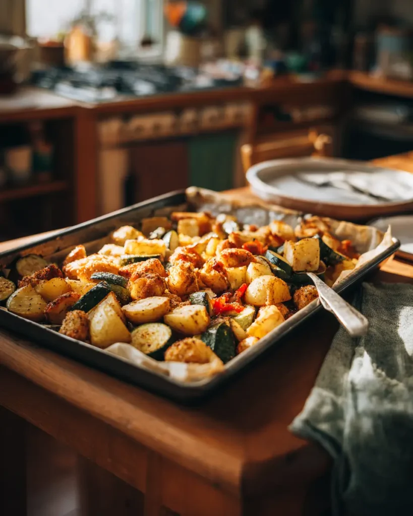 lazy dinners for one pan with roasted chicken potatoes and vegetables on sheet pan