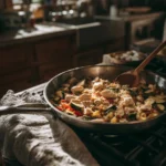 lazy dinners no oven with chicken vegetables and rice in skillet on stove