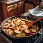 lazy dinners with chicken in skillet with vegetables and rice on stove