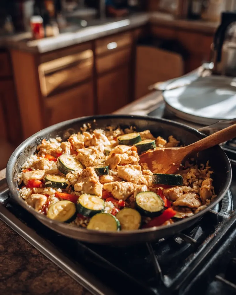 lazy dinners with chicken in skillet with vegetables and rice on stove