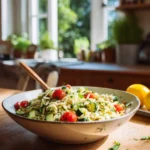 lemon herb orzo salad with tomatoes cucumber and fresh herbs in bowl