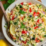 Lemon orzo salad with feta, cucumbers, tomatoes, and fresh herbs in a bowl