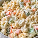 Macaroni Salad with Greek Yogurt mixed with cucumbers and diced vegetables