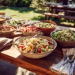 make ahead cookout sides with pasta salad and fresh dishes on outdoor table