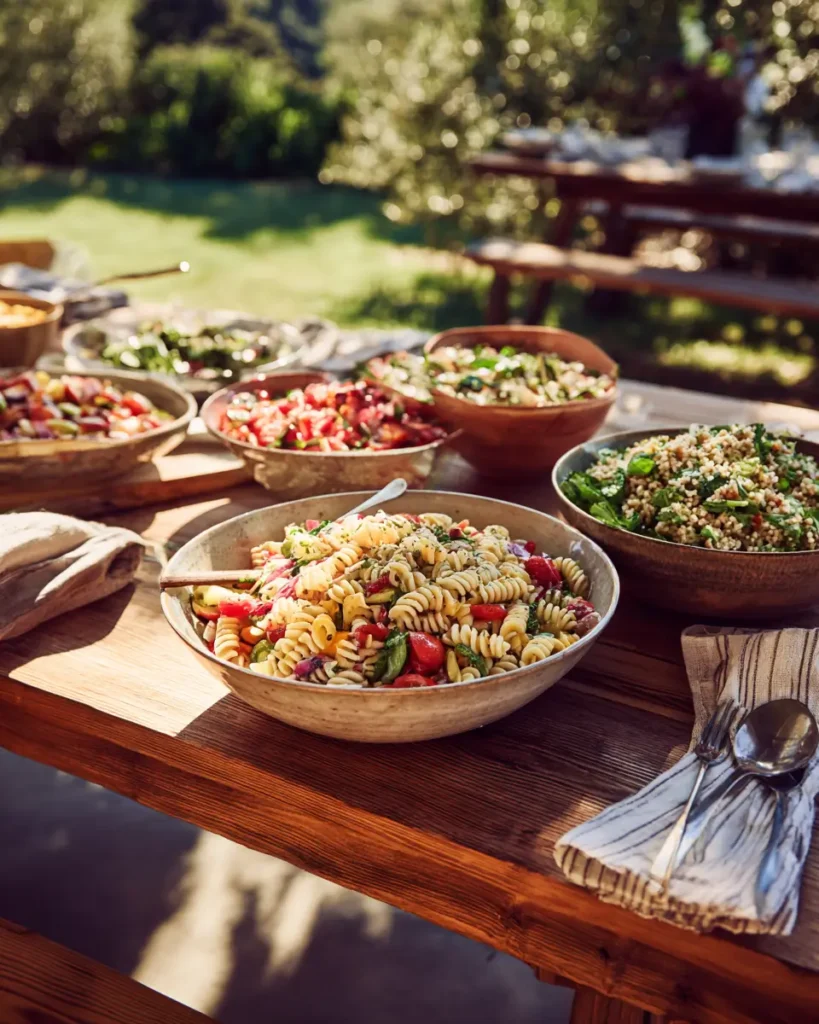 make ahead cookout sides with pasta salad and fresh dishes on outdoor table