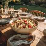 make ahead pasta salad for a crowd with vegetables in large bowl outdoors