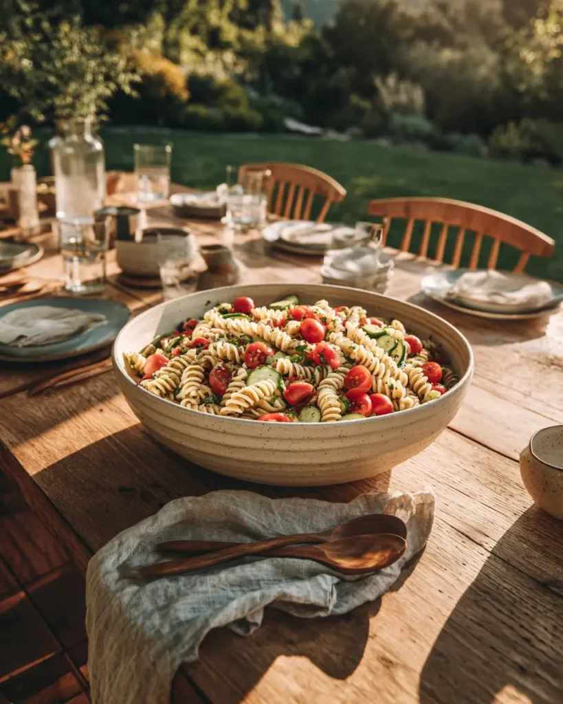 make ahead pasta salad for a crowd with vegetables in large bowl outdoors
