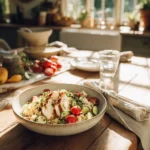 make ahead summer dinner ideas with chicken quinoa and fresh vegetables in kitchen