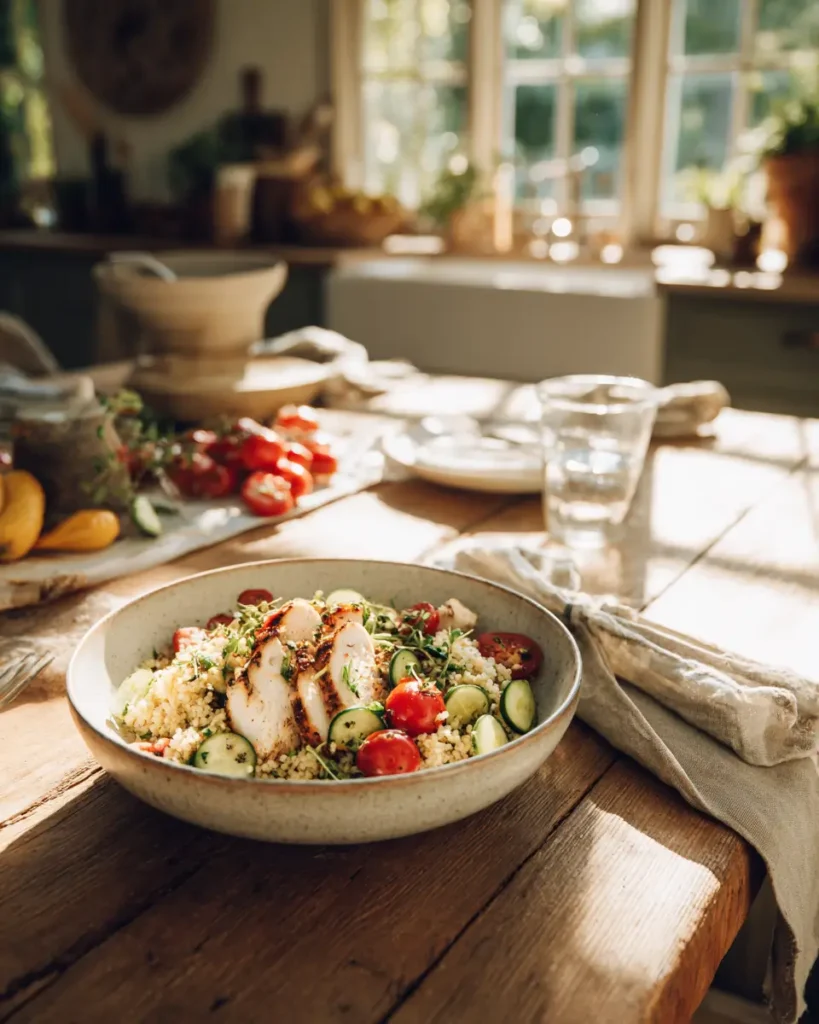 make ahead summer dinner ideas with chicken quinoa and fresh vegetables in kitchen