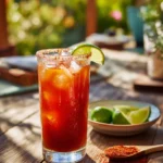 michelada recipe drink with lime and chili rim in glass outdoors
