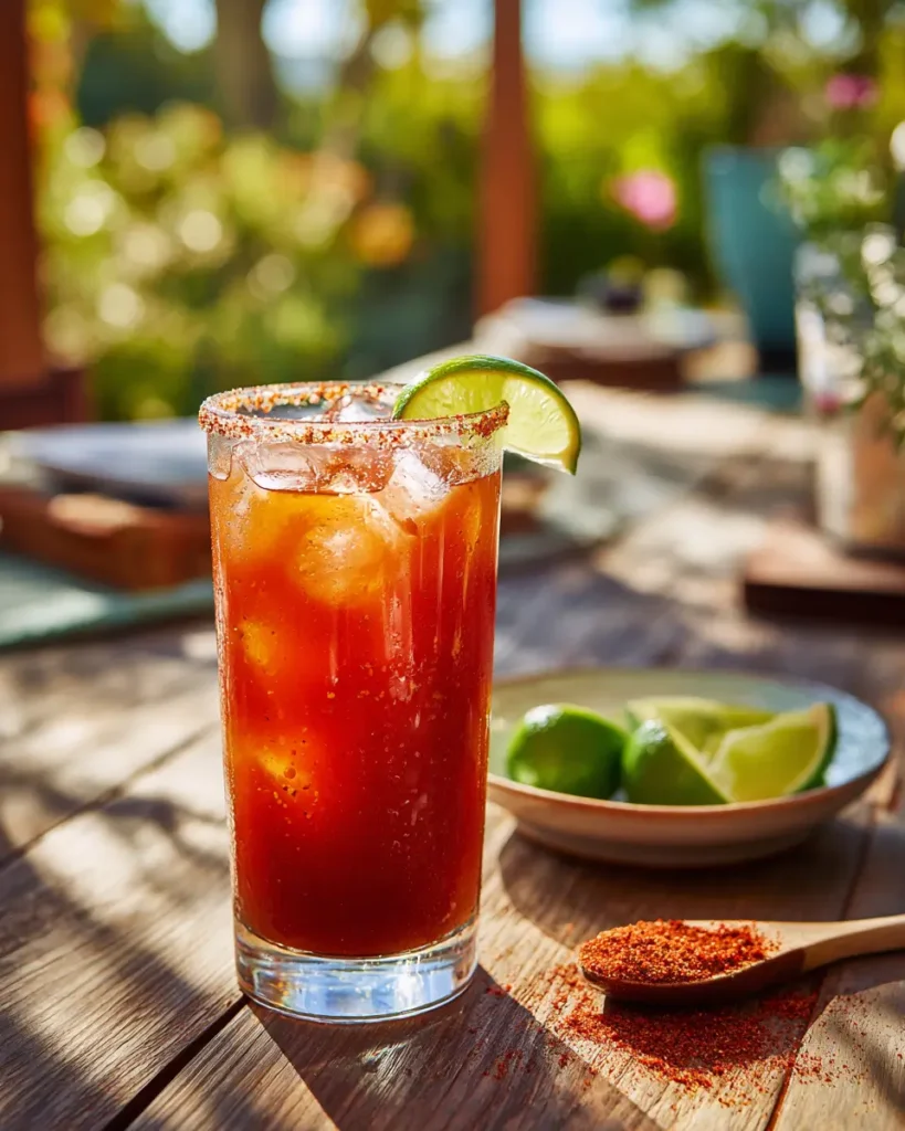 michelada recipe drink with lime and chili rim in glass outdoors