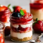 Mini Cheesecakes in Cheesecake Jars topped with strawberries, blueberries, and berry sauce
