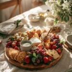 mother’s day brunch charcuterie board with fruits pastries and cheese on table