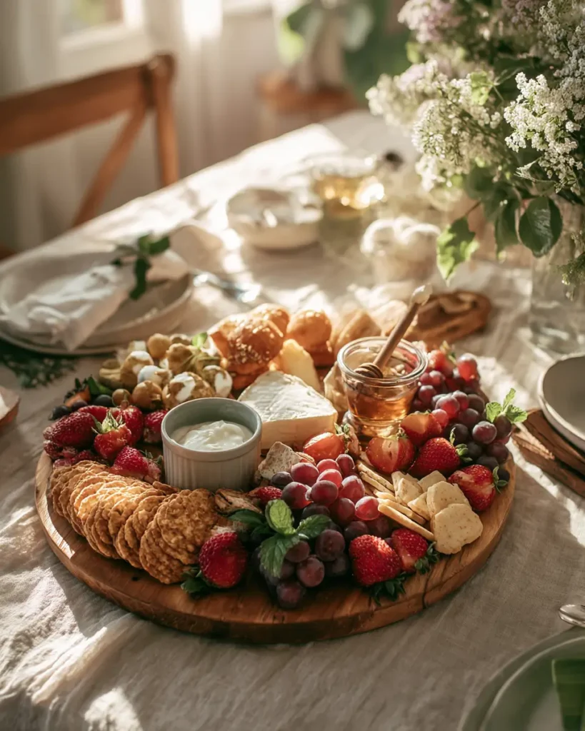 mother’s day brunch charcuterie board with fruits pastries and cheese on table