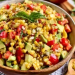 Napa sweet corn salad with avocado, peppers, tomatoes, and fresh basil in a bowl