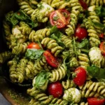 Pesto pasta salad with cherry tomatoes, mozzarella, and fresh basil in a bowl