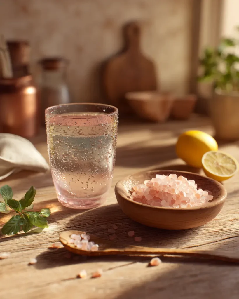 how to make pink salt trick recipe drink with lemon and salt in glass on kitchen counter